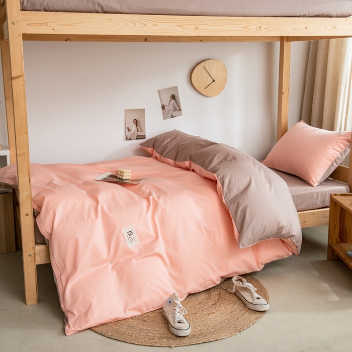 91家纺网 家纺一手货源 找家纺 杜先生 全棉学生宿舍上下铺色拼系列三件套 初恋粉-卡其