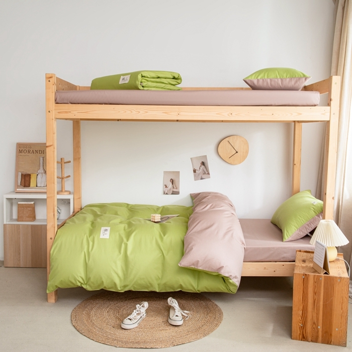 91家纺网 家纺一手货源 找家纺 杜先生 2023新款全棉学生宿舍上下铺色拼系列三件套 果绿-卡其