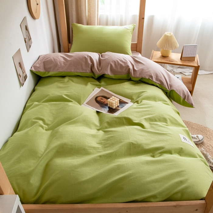 91家纺网 家纺一手货源 找家纺 杜先生 2023新款全棉学生宿舍上下铺色拼系列三件套 果绿-卡其
