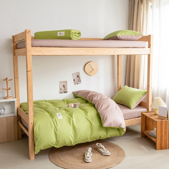 91家纺网 家纺一手货源 找家纺 杜先生 2023新款全棉学生宿舍上下铺色拼系列三件套 果绿-卡其