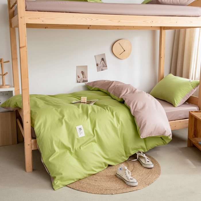 91家纺网 家纺一手货源 找家纺 杜先生 2023新款全棉学生宿舍上下铺色拼系列三件套 果绿-卡其