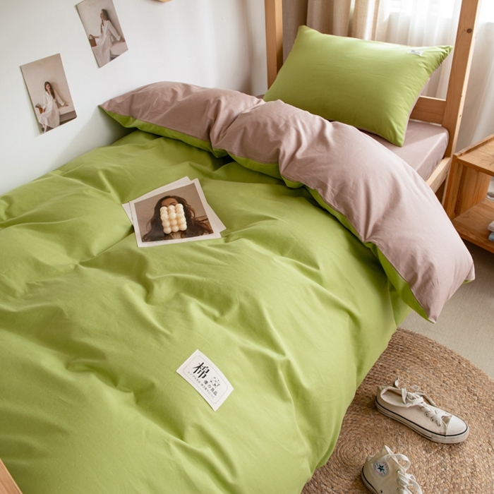 91家纺网 家纺一手货源 找家纺 杜先生 2023新款全棉学生宿舍上下铺色拼系列三件套 果绿-卡其