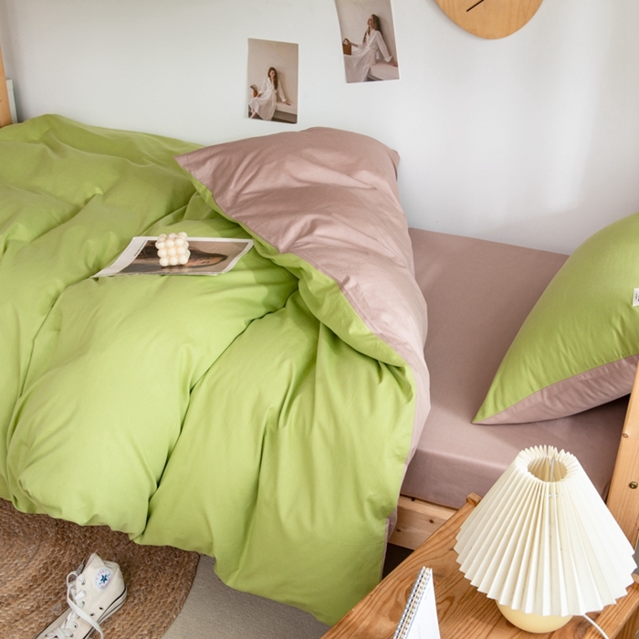 91家纺网 家纺一手货源 找家纺 杜先生 2023新款全棉学生宿舍上下铺色拼系列三件套 果绿-卡其