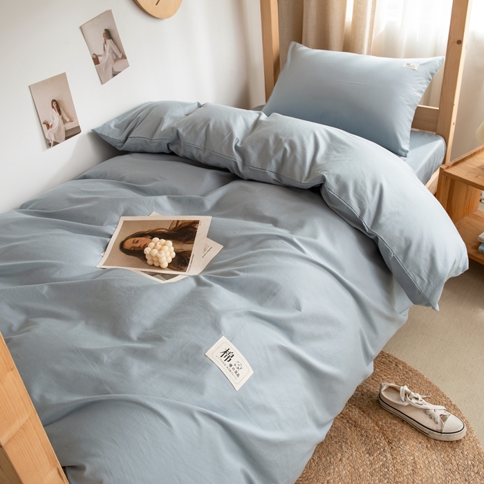 91家纺网 家纺一手货源 找家纺 杜先生 2023新款全棉学生宿舍上下铺色拼系列三件套 海蓝