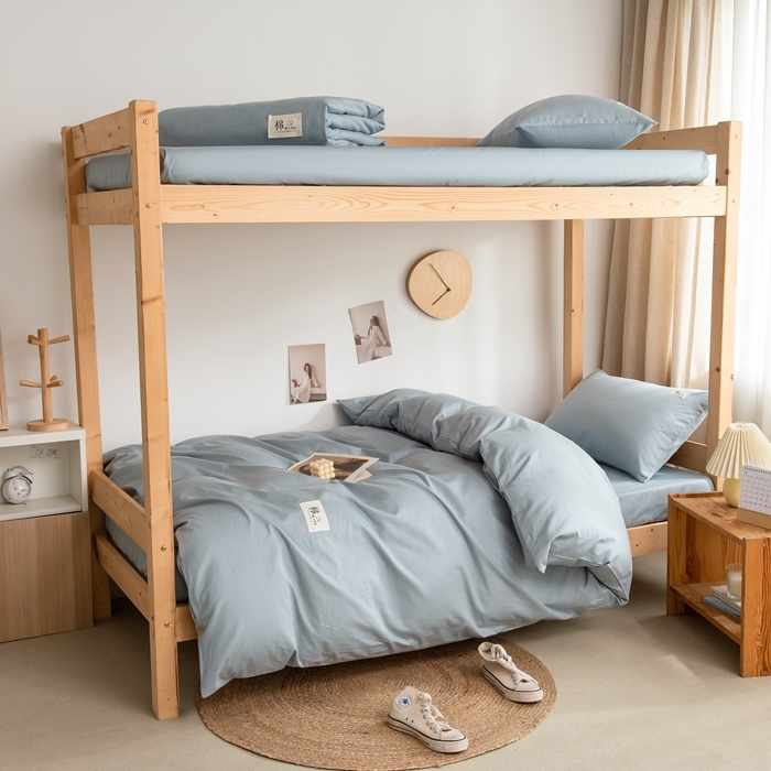 91家纺网 家纺一手货源 找家纺 杜先生 2023新款全棉学生宿舍上下铺色拼系列三件套 海蓝