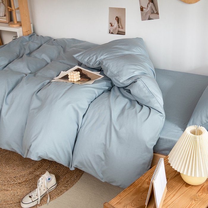 91家纺网 家纺一手货源 找家纺 杜先生 2023新款全棉学生宿舍上下铺色拼系列三件套 海蓝