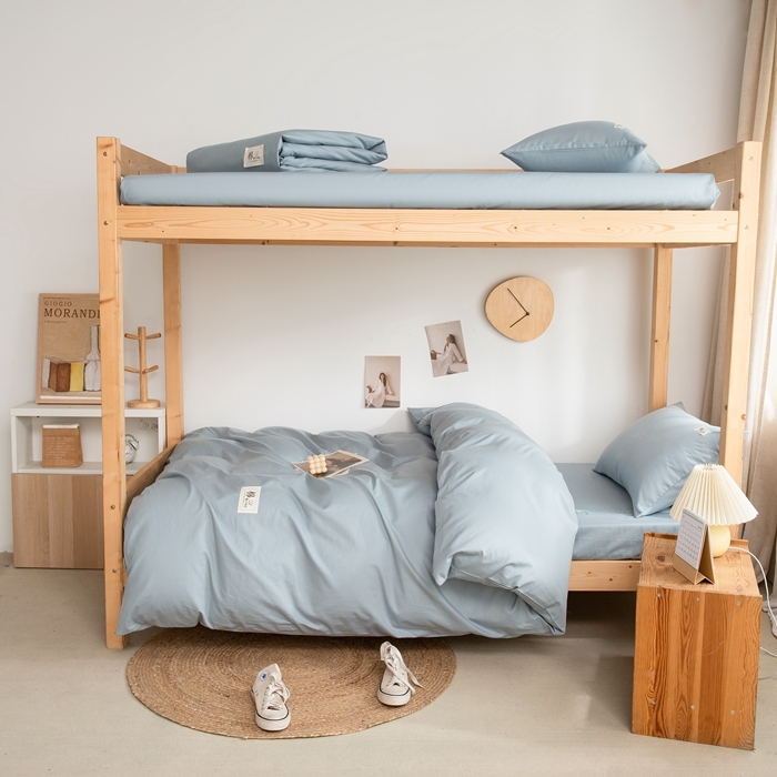 91家纺网 家纺一手货源 找家纺 杜先生 2023新款全棉学生宿舍上下铺色拼系列三件套 海蓝