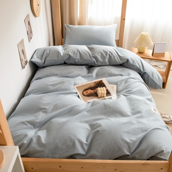 91家纺网 家纺一手货源 找家纺 杜先生 2023新款全棉学生宿舍上下铺色拼系列三件套 海蓝