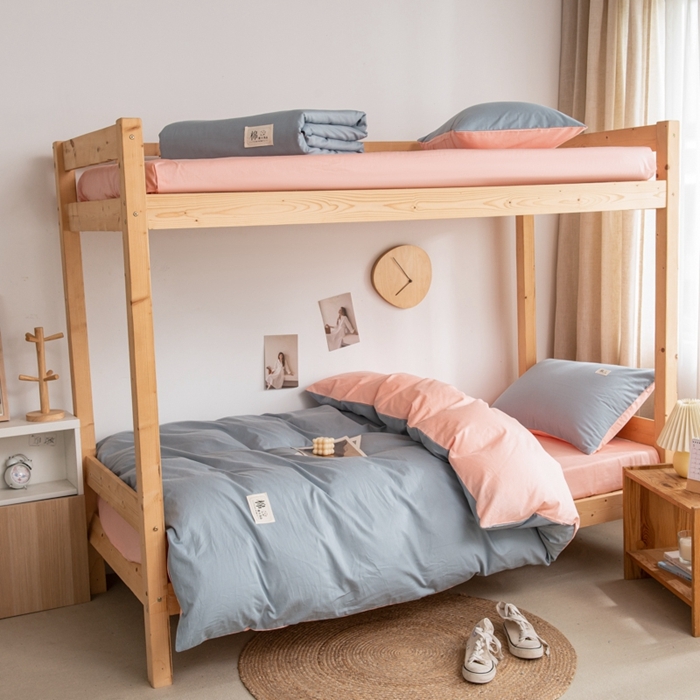 91家纺网 家纺一手货源 找家纺 杜先生 2023新款全棉学生宿舍上下铺色拼系列三件套 海蓝-初恋粉