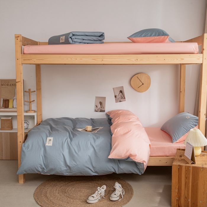 91家纺网 家纺一手货源 找家纺 杜先生 2023新款全棉学生宿舍上下铺色拼系列三件套 海蓝-初恋粉