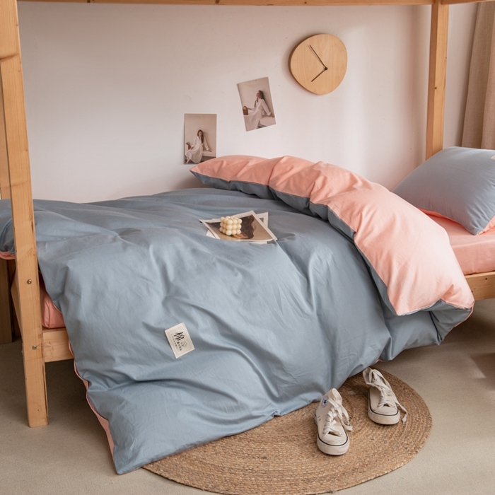 91家纺网 家纺一手货源 找家纺 杜先生 2023新款全棉学生宿舍上下铺色拼系列三件套 海蓝-初恋粉