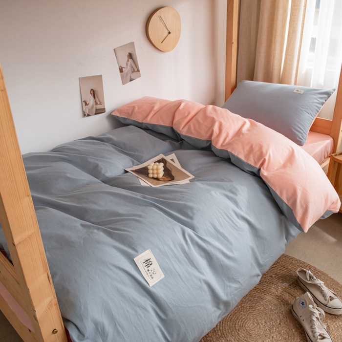 91家纺网 家纺一手货源 找家纺 杜先生 2023新款全棉学生宿舍上下铺色拼系列三件套 海蓝-初恋粉
