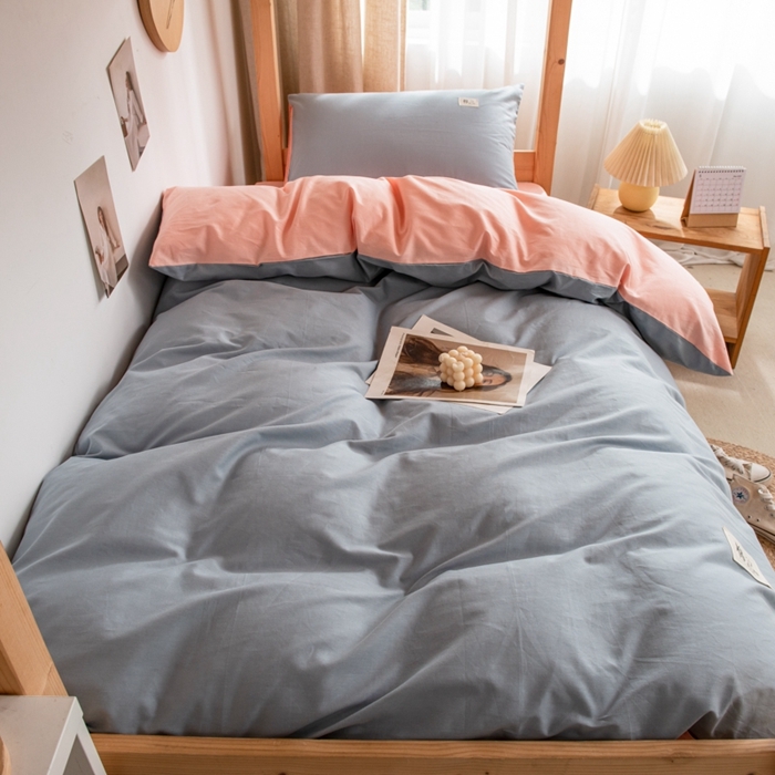 91家纺网 家纺一手货源 找家纺 杜先生 2023新款全棉学生宿舍上下铺色拼系列三件套 海蓝-初恋粉