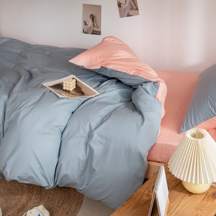 91家纺网 家纺一手货源 找家纺 杜先生 2023新款全棉学生宿舍上下铺色拼系列三件套 海蓝-初恋粉