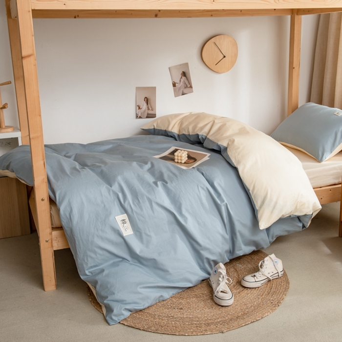 91家纺网 家纺一手货源 找家纺 杜先生 2023新款全棉学生宿舍上下铺色拼系列三件套 海蓝-奶茶