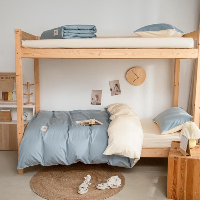 91家纺网 家纺一手货源 找家纺 杜先生 2023新款全棉学生宿舍上下铺色拼系列三件套 海蓝-奶茶