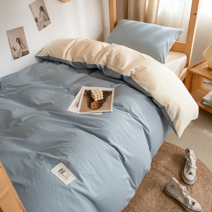 91家纺网 家纺一手货源 找家纺 杜先生 2023新款全棉学生宿舍上下铺色拼系列三件套 海蓝-奶茶