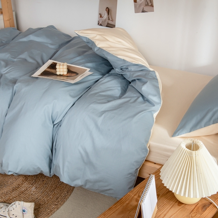 91家纺网 家纺一手货源 找家纺 杜先生 2023新款全棉学生宿舍上下铺色拼系列三件套 海蓝-奶茶
