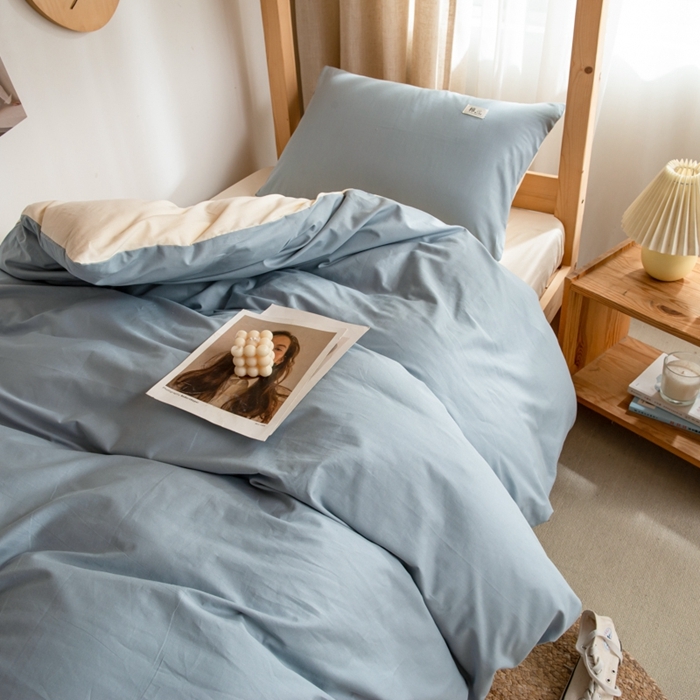 91家纺网 家纺一手货源 找家纺 杜先生 2023新款全棉学生宿舍上下铺色拼系列三件套 海蓝-奶茶