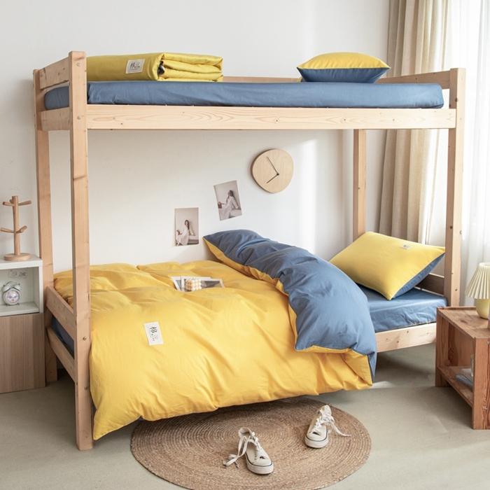 91家纺网 家纺一手货源 找家纺 杜先生 2023新款全棉学生宿舍上下铺色拼系列三件套 姜黄-牛仔蓝