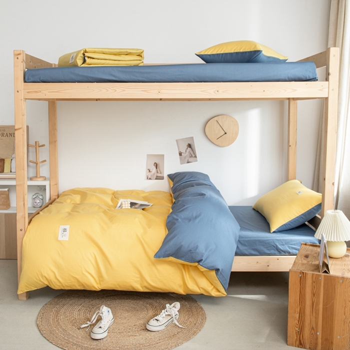 91家纺网 家纺一手货源 找家纺 杜先生 2023新款全棉学生宿舍上下铺色拼系列三件套 姜黄-牛仔蓝