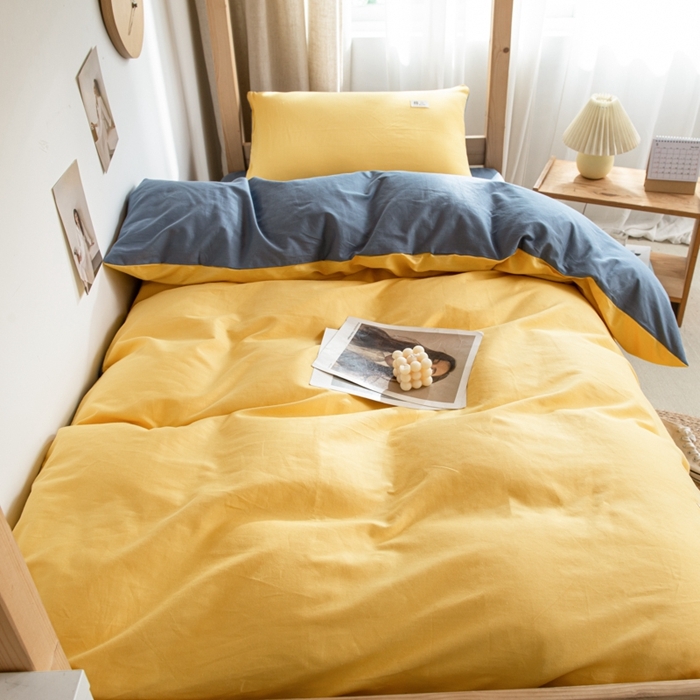 91家纺网 家纺一手货源 找家纺 杜先生 2023新款全棉学生宿舍上下铺色拼系列三件套 姜黄-牛仔蓝