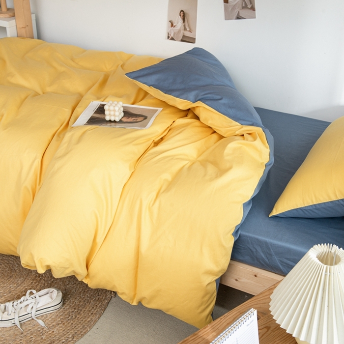 91家纺网 家纺一手货源 找家纺 杜先生 2023新款全棉学生宿舍上下铺色拼系列三件套 姜黄-牛仔蓝