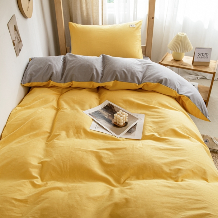 91家纺网 家纺一手货源 找家纺 杜先生 2023新款全棉学生宿舍上下铺色拼系列三件套 姜黄-浅灰
