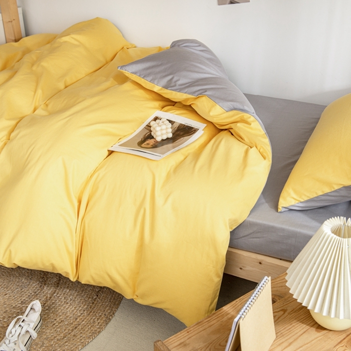 91家纺网 家纺一手货源 找家纺 杜先生 2023新款全棉学生宿舍上下铺色拼系列三件套 姜黄-浅灰