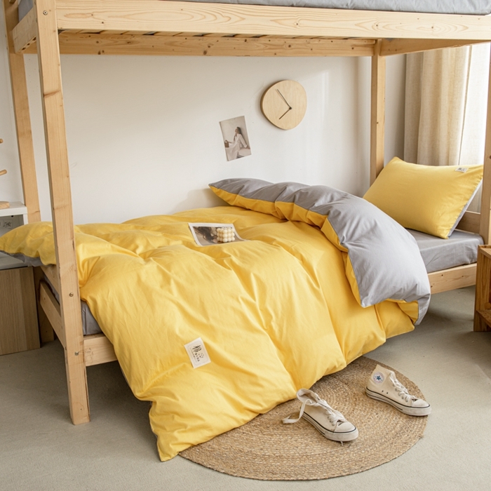 91家纺网 家纺一手货源 找家纺 杜先生 2023新款全棉学生宿舍上下铺色拼系列三件套 姜黄-浅灰