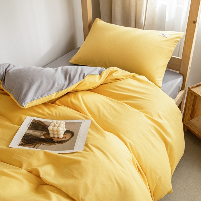 91家纺网 家纺一手货源 找家纺 杜先生 2023新款全棉学生宿舍上下铺色拼系列三件套 姜黄-浅灰