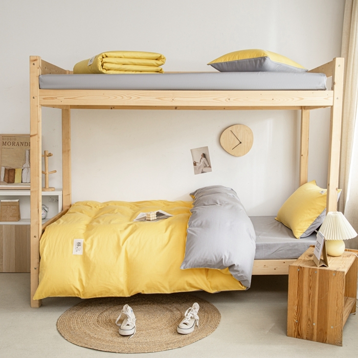 91家纺网 家纺一手货源 找家纺 杜先生 2023新款全棉学生宿舍上下铺色拼系列三件套 姜黄-浅灰