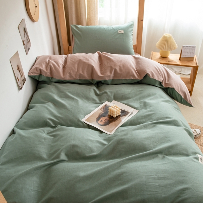 91家纺网 家纺一手货源 找家纺 杜先生 2023新款全棉学生宿舍上下铺色拼系列三件套 墨绿-卡其