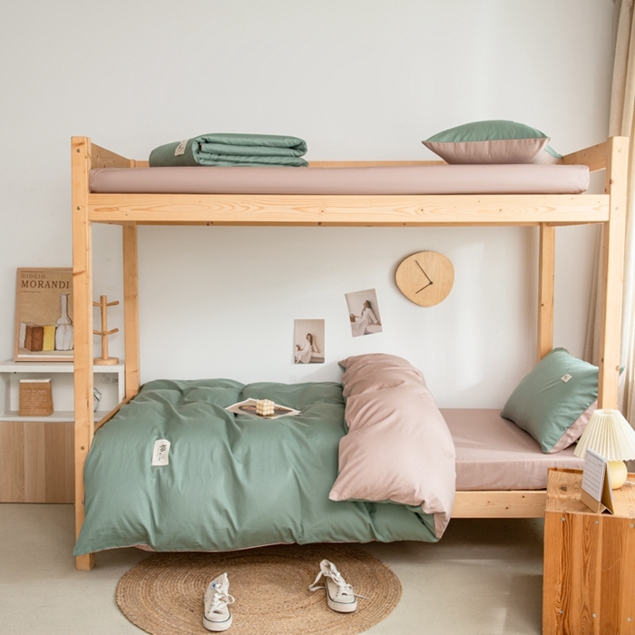 91家纺网 家纺一手货源 找家纺 杜先生 2023新款全棉学生宿舍上下铺色拼系列三件套 墨绿-卡其