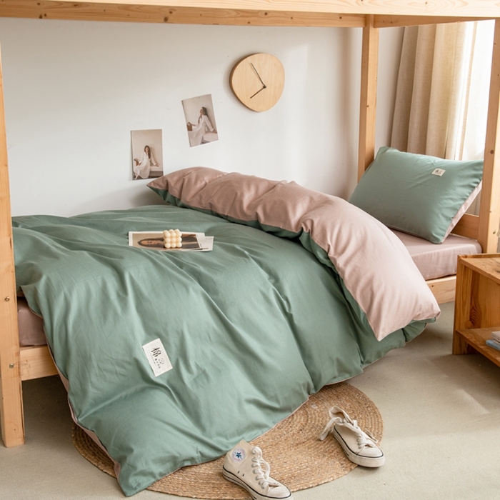 91家纺网 家纺一手货源 找家纺 杜先生 2023新款全棉学生宿舍上下铺色拼系列三件套 墨绿-卡其