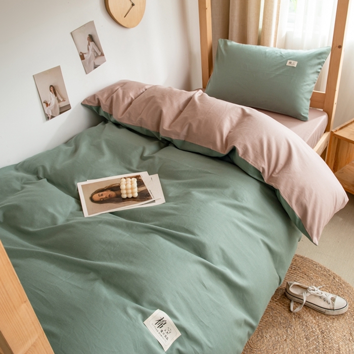91家纺网 家纺一手货源 找家纺 杜先生 2023新款全棉学生宿舍上下铺色拼系列三件套 墨绿-卡其