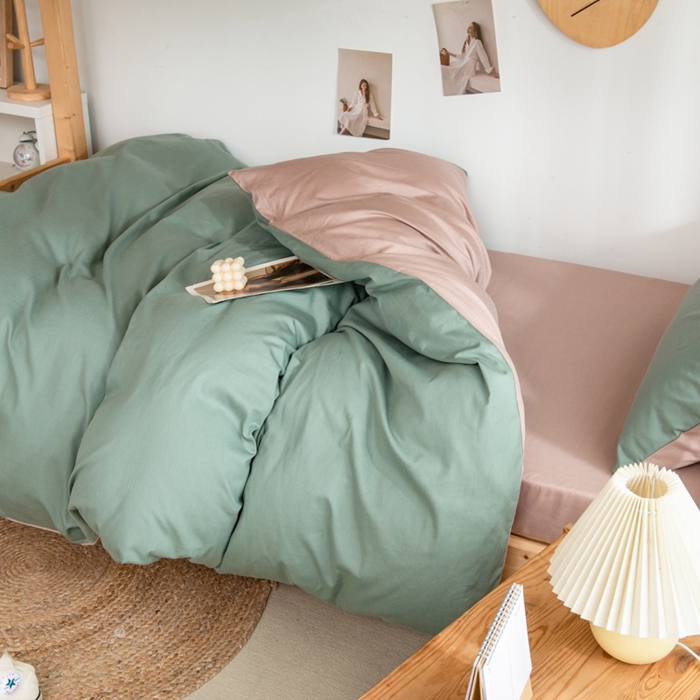 91家纺网 家纺一手货源 找家纺 杜先生 2023新款全棉学生宿舍上下铺色拼系列三件套 墨绿-卡其