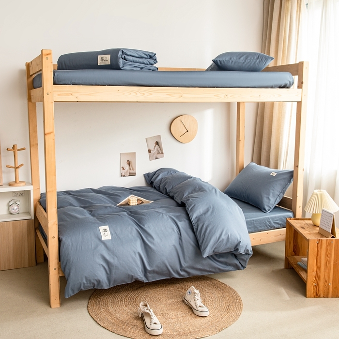 91家纺网 家纺一手货源 找家纺 杜先生 2023新款全棉学生宿舍上下铺色拼系列三件套 牛仔蓝