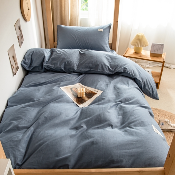 91家纺网 家纺一手货源 找家纺 杜先生 2023新款全棉学生宿舍上下铺色拼系列三件套 牛仔蓝