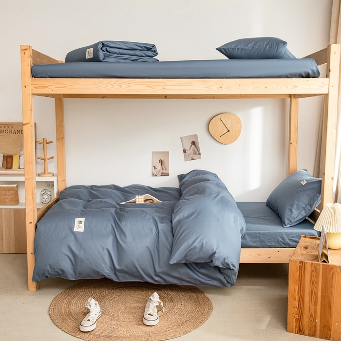 91家纺网 家纺一手货源 找家纺 杜先生 2023新款全棉学生宿舍上下铺色拼系列三件套 牛仔蓝