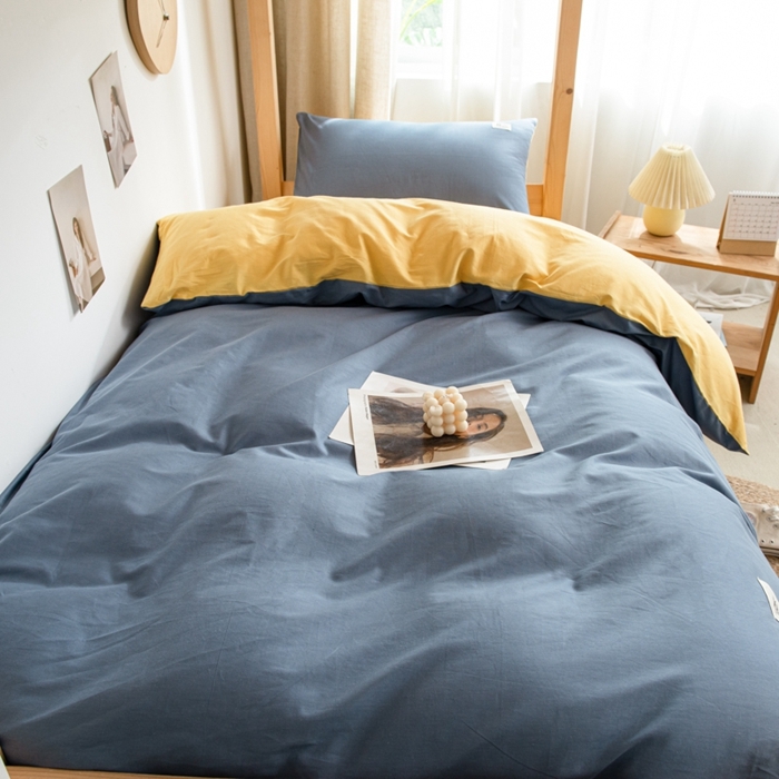 91家纺网 家纺一手货源 找家纺 杜先生 2023新款全棉学生宿舍上下铺色拼系列三件套 牛仔蓝-姜黄