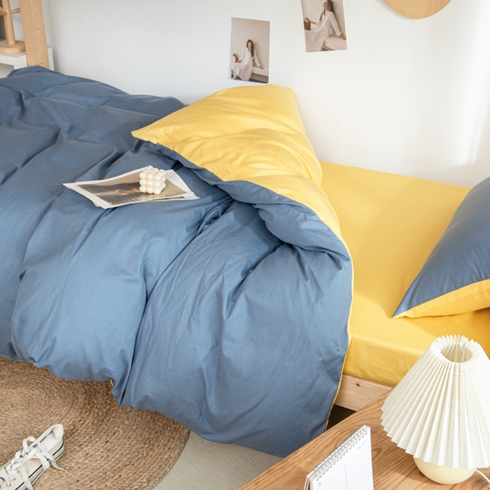 91家纺网 家纺一手货源 找家纺 杜先生 2023新款全棉学生宿舍上下铺色拼系列三件套 牛仔蓝-姜黄