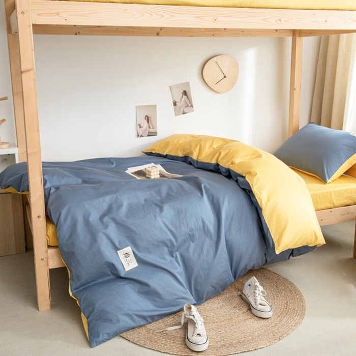 91家纺网 家纺一手货源 找家纺 杜先生 2023新款全棉学生宿舍上下铺色拼系列三件套 牛仔蓝-姜黄