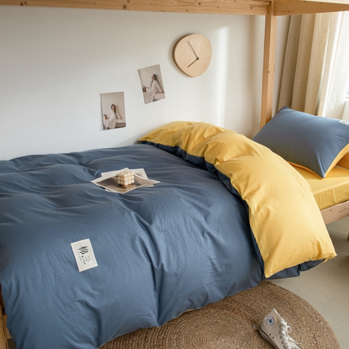 91家纺网 家纺一手货源 找家纺 杜先生 2023新款全棉学生宿舍上下铺色拼系列三件套 牛仔蓝-姜黄