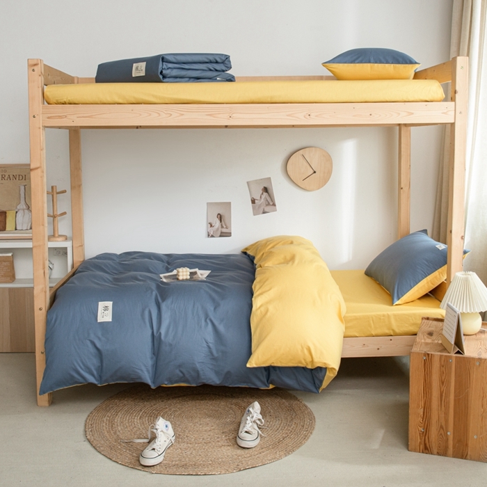 91家纺网 家纺一手货源 找家纺 杜先生 2023新款全棉学生宿舍上下铺色拼系列三件套 牛仔蓝-姜黄