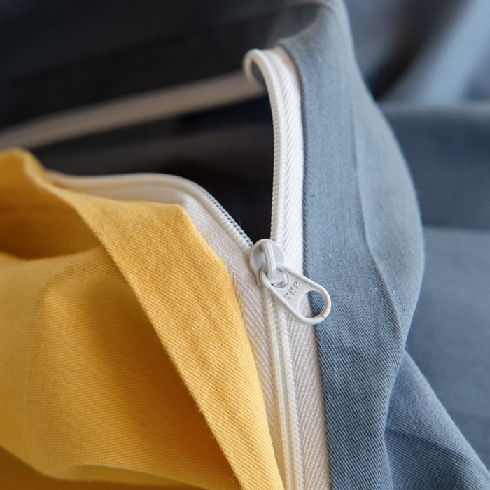 91家纺网 家纺一手货源 找家纺 杜先生 2023新款全棉学生宿舍上下铺色拼系列三件套 牛仔蓝-姜黄