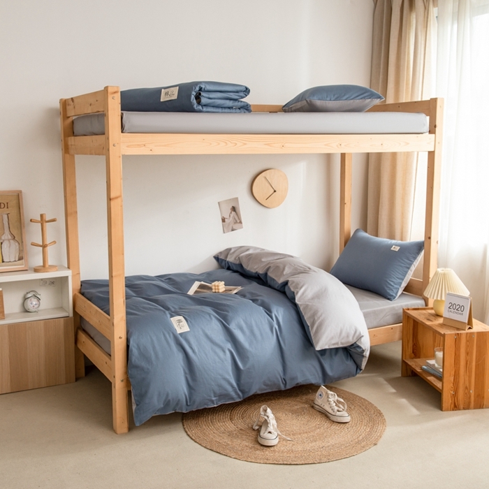 91家纺网 家纺一手货源 找家纺 杜先生 2023新款全棉学生宿舍上下铺色拼系列三件套 牛仔蓝-浅灰