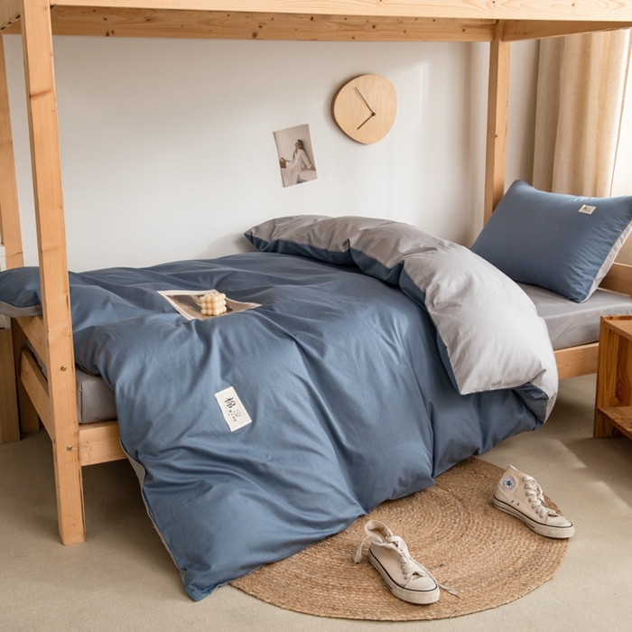 91家纺网 家纺一手货源 找家纺 杜先生 2023新款全棉学生宿舍上下铺色拼系列三件套 牛仔蓝-浅灰