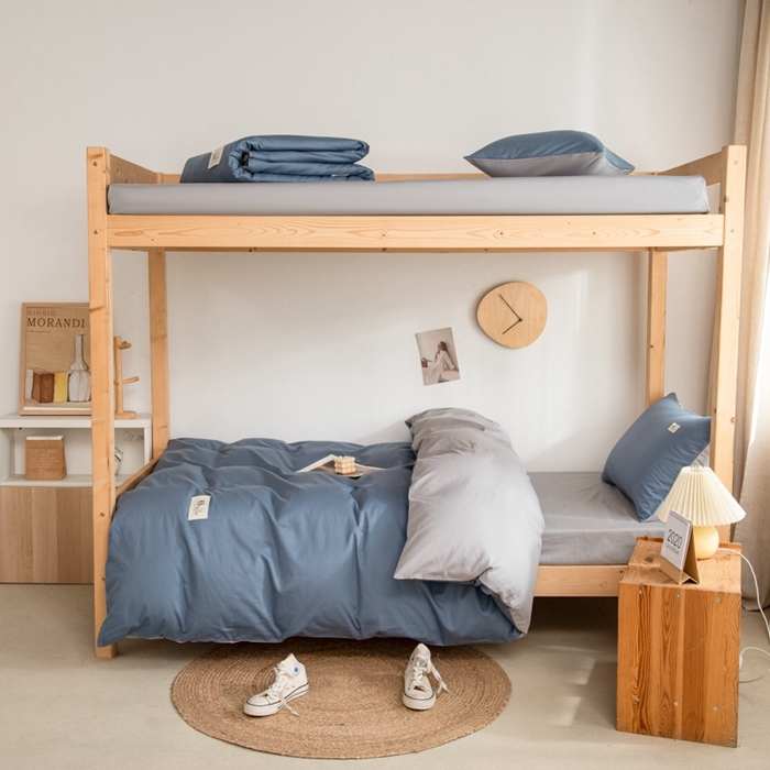 91家纺网 家纺一手货源 找家纺 杜先生 2023新款全棉学生宿舍上下铺色拼系列三件套 牛仔蓝-浅灰