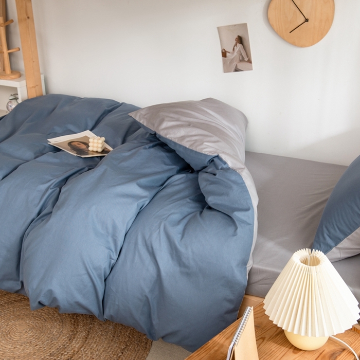 91家纺网 家纺一手货源 找家纺 杜先生 2023新款全棉学生宿舍上下铺色拼系列三件套 牛仔蓝-浅灰